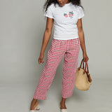Felicity Gingham Elastic Pants - Red/White