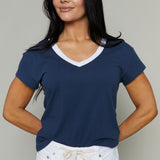 Sandy Contrast V-Neck Tee - Twilight Blue