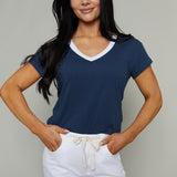 Sandy Contrast V-Neck Tee - Twilight Blue