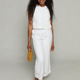 Mia Embroidered Wide Leg Pant - White