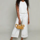 Mia Embroidered Wide Leg Pant - White