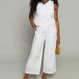 Mia Embroidered Wide Leg Pant - White