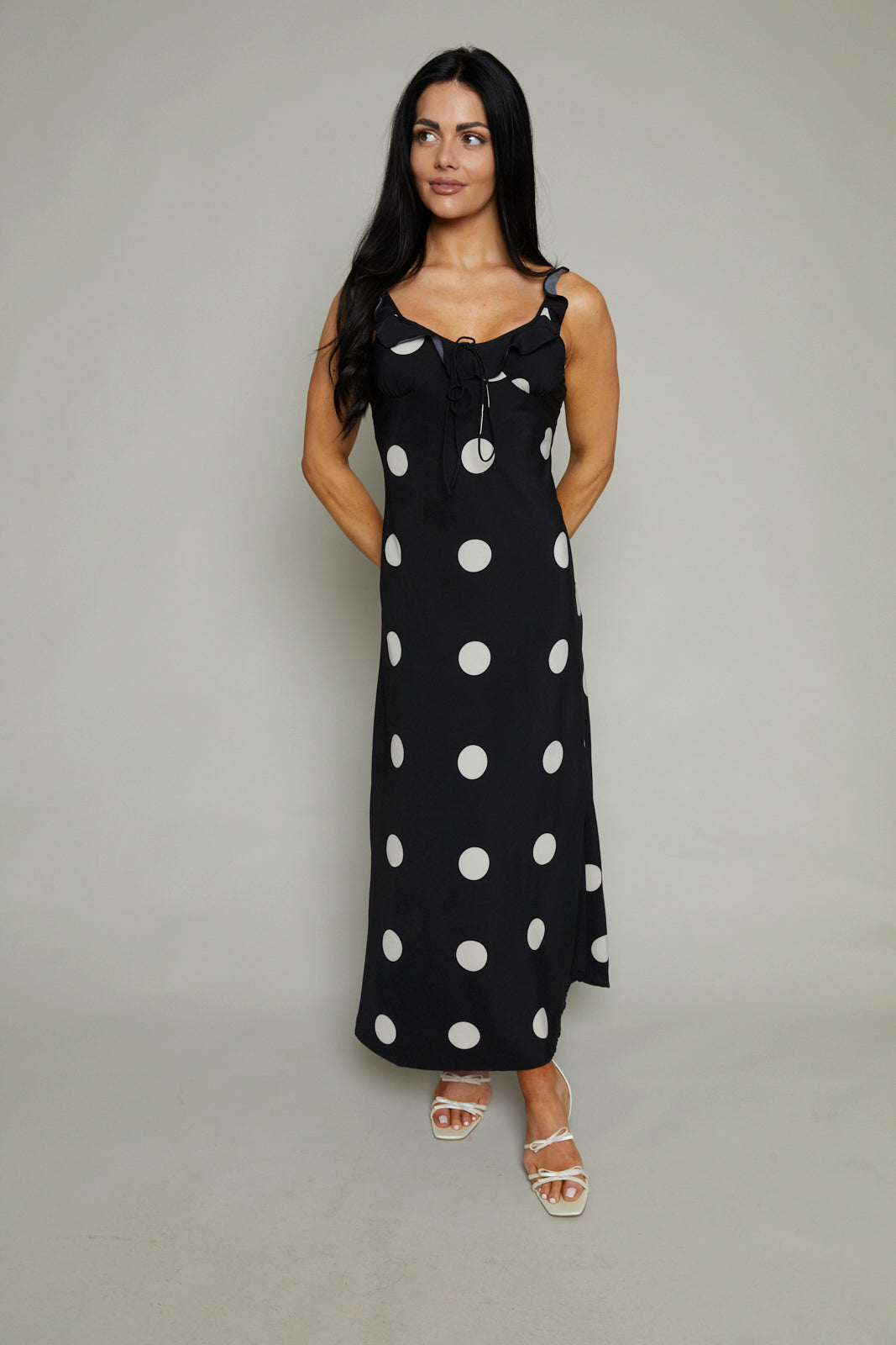 Roslyn Polka Dot Satin Midi Slip Dress – No. 14