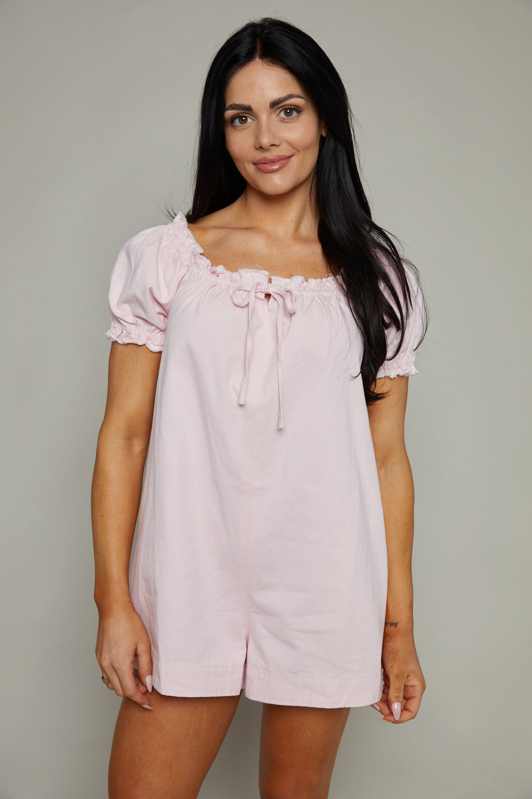 Darci Blush Denim Puff Sleeve Romper
