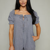Haley Gingham Puff-Sleeve Romper