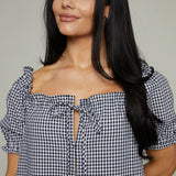 Haley Gingham Puff-Sleeve Romper