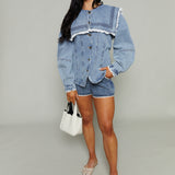 Jill Oversized Collar Lace Trim Denim Jacket