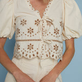 Jodi Eyelet Puff Sleeve Front Tie Top