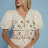 Jodi Eyelet Puff Sleeve Front Tie Top