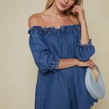 Ginger Off Shoulder Denim Romper - Medium Wash