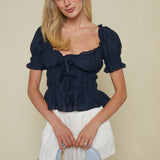 Desiree Navy Puff Sleeve Smocked Top
