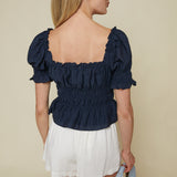 Desiree Navy Puff Sleeve Smocked Top