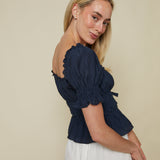 Desiree Navy Puff Sleeve Smocked Top