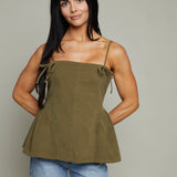 Lena Bow Trim Peplum Top - Olive