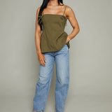 Lena Bow Trim Peplum Top - Olive