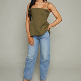Lena Bow Trim Peplum Top - Olive