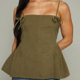 Lena Bow Trim Peplum Top - Olive
