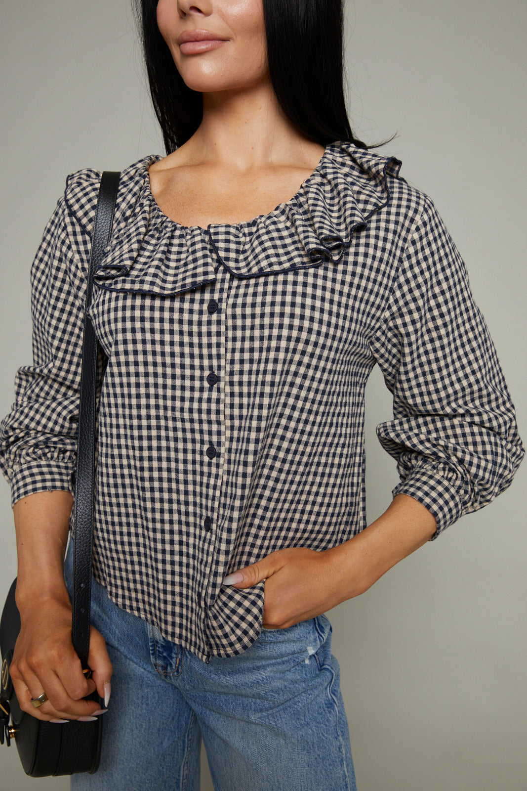 Makenna Gingham Ruffled Collar Blouse - Navy/Stone