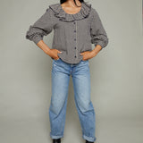 Makenna Gingham Ruffled Collar Blouse - Navy/Stone