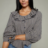 Makenna Gingham Ruffled Collar Blouse - Navy/Stone