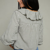 Makenna Gingham Ruffled Collar Blouse - Olive/White