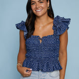 Trinity Smocked Ruffle Polka Dot Top