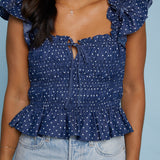 Trinity Smocked Ruffle Polka Dot Top