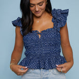 Trinity Smocked Ruffle Polka Dot Top