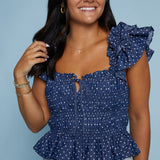 Trinity Smocked Ruffle Polka Dot Top