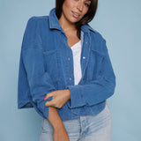 Elora Cropped Knit Denim Jacket - Vintage Indigo