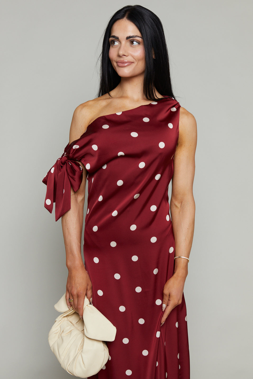 Skye Asymmetrical Satin Polka Dot Maxi Dress - Wine