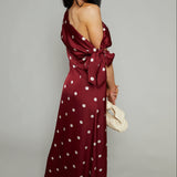 Skye Asymmetrical Satin Polka Dot Maxi Dress - Wine