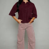 Perri Boxy Short Sleeve Polo Sweater - Cherry Wine