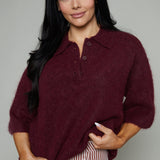 Perri Boxy Short Sleeve Polo Sweater - Cherry Wine