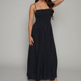 Kerra Smocked Linen Maxi Dress - Black