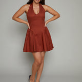 Nicole V Neck Halter Mini Dress - Brown