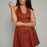 Nicole V Neck Halter Mini Dress - Brown