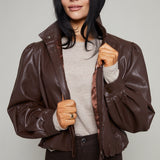 Medina Faux Leather Bomber Jacket - Brown