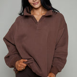 Hannah Oversized Fleece Henley Sweatshirt - Chocolate