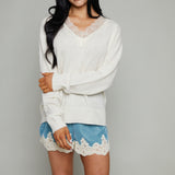 Kate Lace Trimmed V-Neck Sweater - Ivory