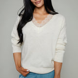 Kate Lace Trimmed V-Neck Sweater - Ivory