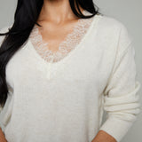 Kate Lace Trimmed V-Neck Sweater - Ivory
