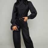 Carmen Mock Neck Satin Top - Black