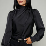 Carmen Mock Neck Satin Top - Black