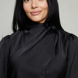 Carmen Mock Neck Satin Top - Black