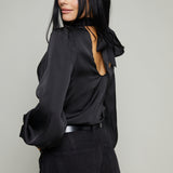 Carmen Mock Neck Satin Top - Black