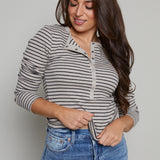 Arianna Striped Model Rib Henley - Heather Taupe