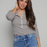 Arianna Striped Model Rib Henley - Heather Taupe