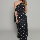 Skye Asymmetrical Satin Polka Dot Maxi Dress