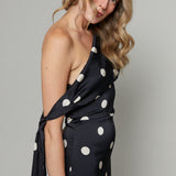 Skye Asymmetrical Satin Polka Dot Maxi Dress